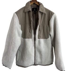 HM Mens Sherpa Fleece Jacket Tan Cream Mixed Media Full Zip Small Casual Comfy
